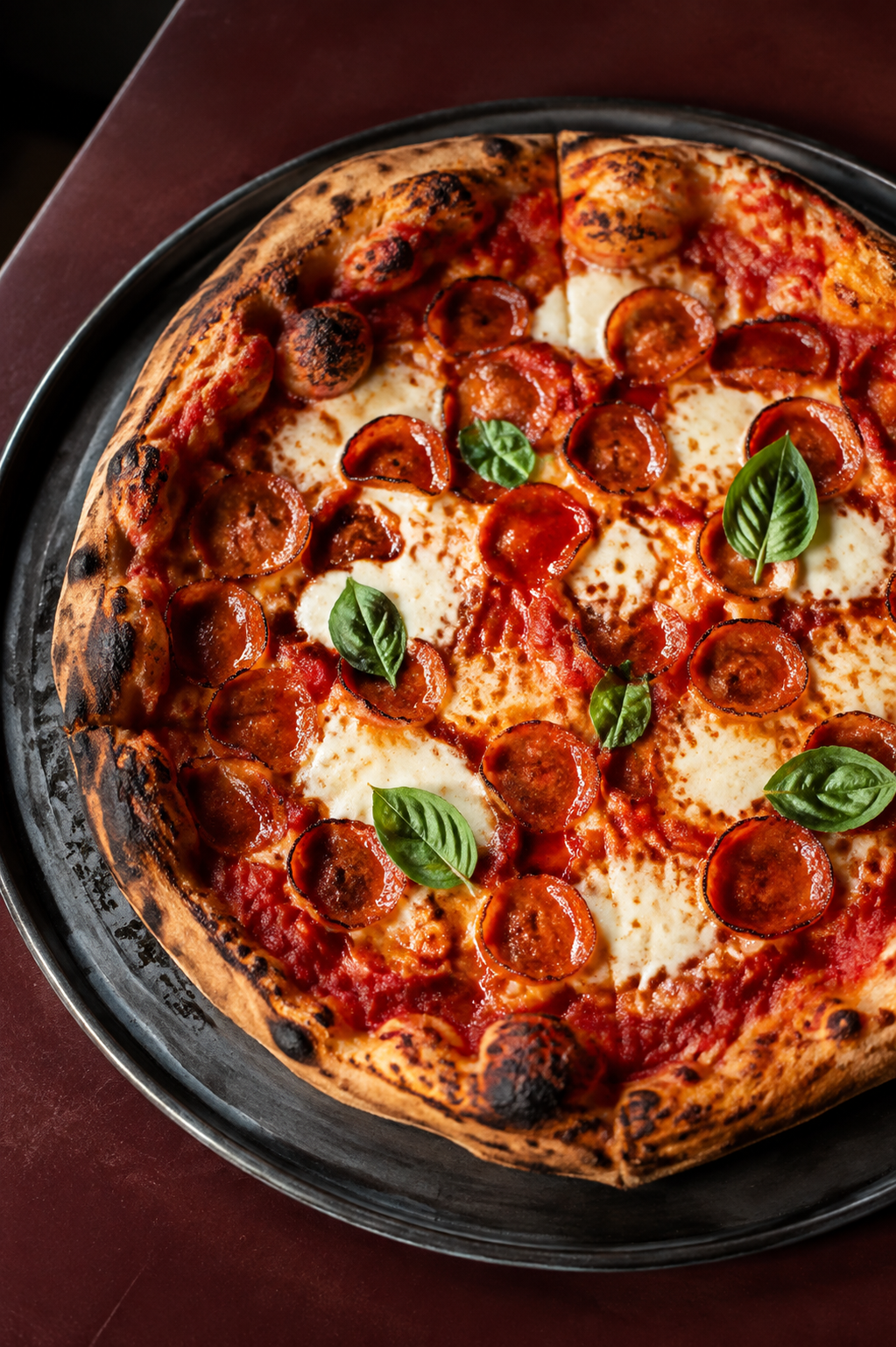 Pizza med pepperoni, mozzarella og basilikum